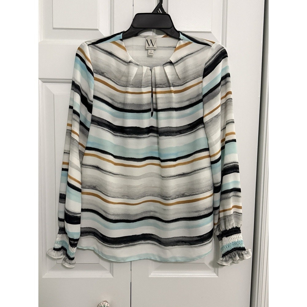 Worthington Womens Top Sz S Multi Striped Blouse Long sleeve Keyhole Work Career